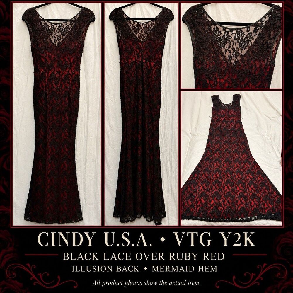Cindy USA VTG Y2K Black Lace Ruby Red Mermaid Gown M Goth Illusion Formal HTF